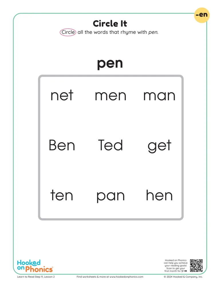 Kindergarten EN word family worksheet - Read all the words and circle the ones that rhyme with PEN.