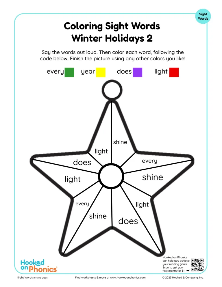 Coloring Sight Words Worksheet: Winter Holidays - Second Grade | Hooked ...