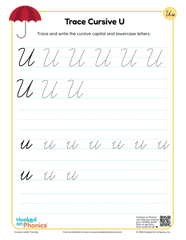 Trace Cursive Letter U | Hooked on Phonics
